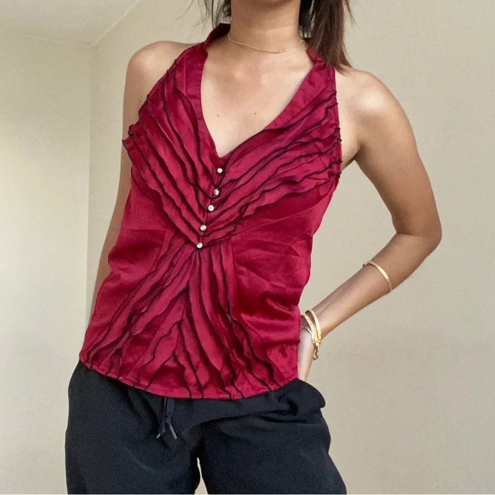 Satin Maroon Halter Ruffle Top - Picture 1 of 11